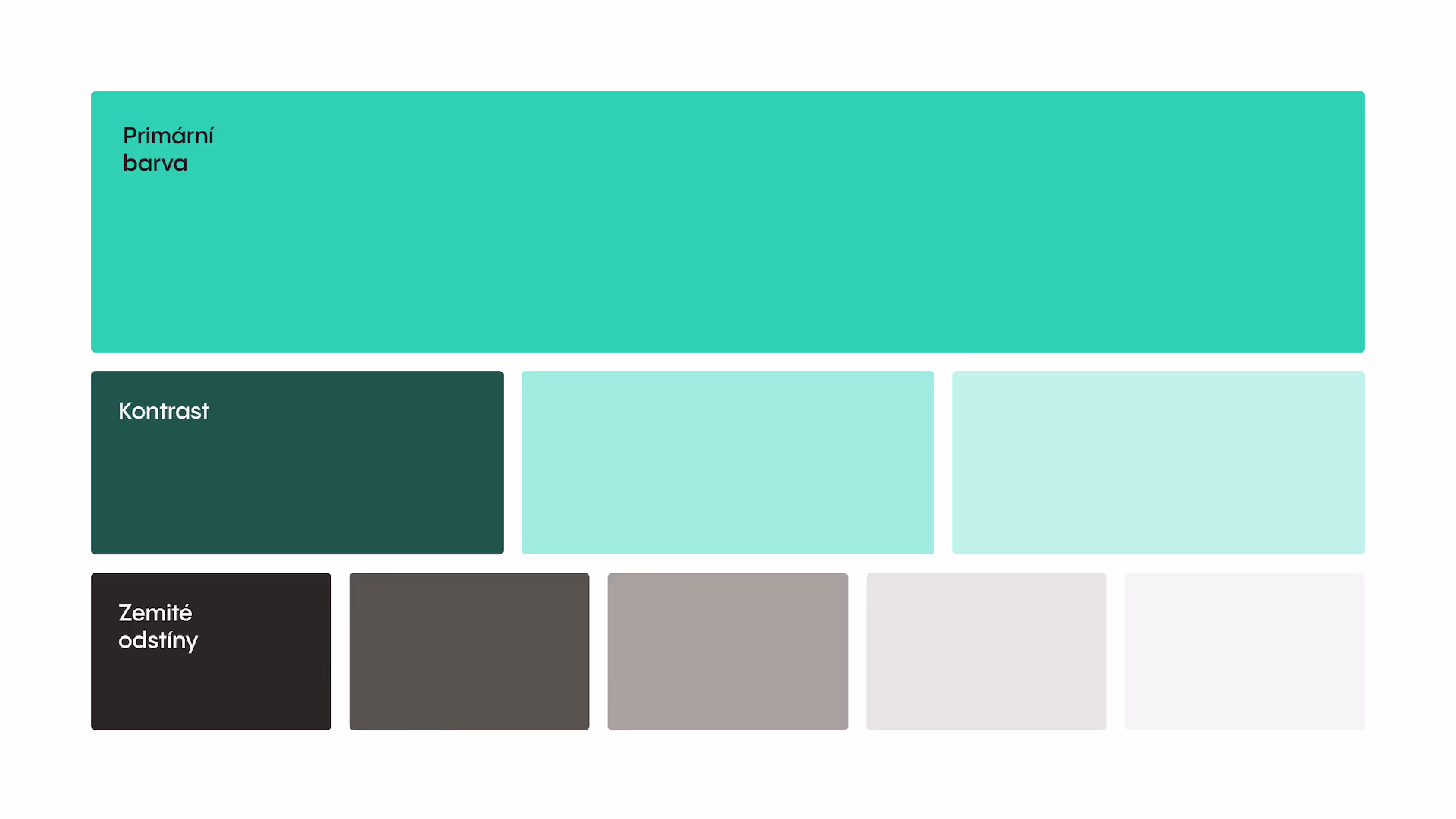 Color palette with a large bright turquoise primary color block, two light aqua contrast shades, and five earth tone shades from dark brown to light gray.