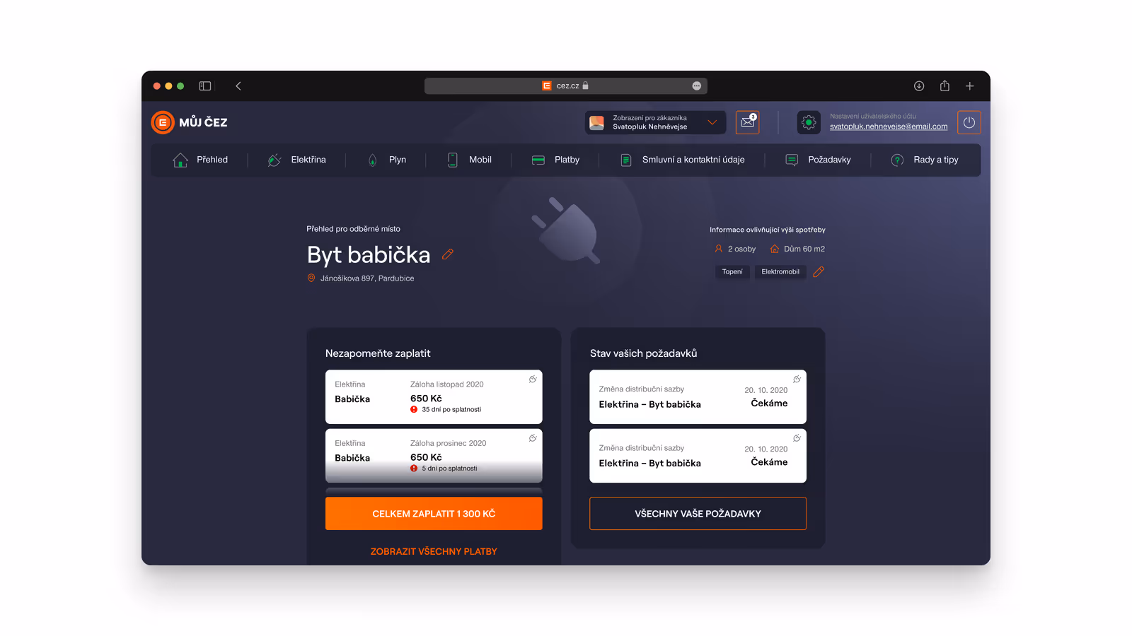 User dashboard interface showing overview for 'Byt babička' with electricity payments due, service requests status, and user details at top.