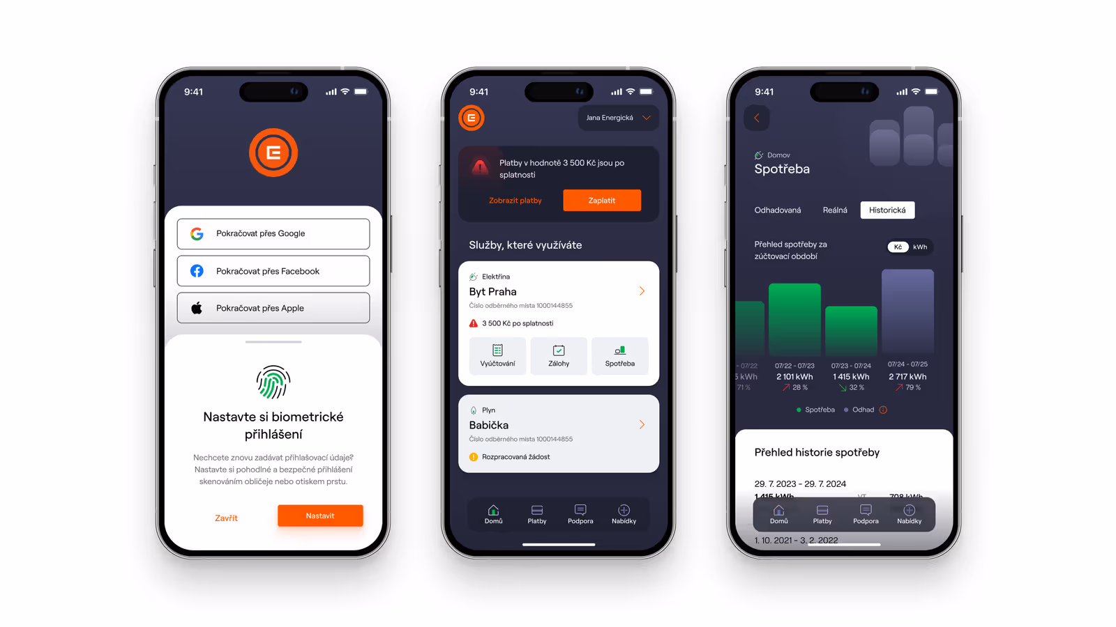 Three mobile phone screens showing a Czech energy app interface with biometric login setup, service payments, and historical energy consumption charts.