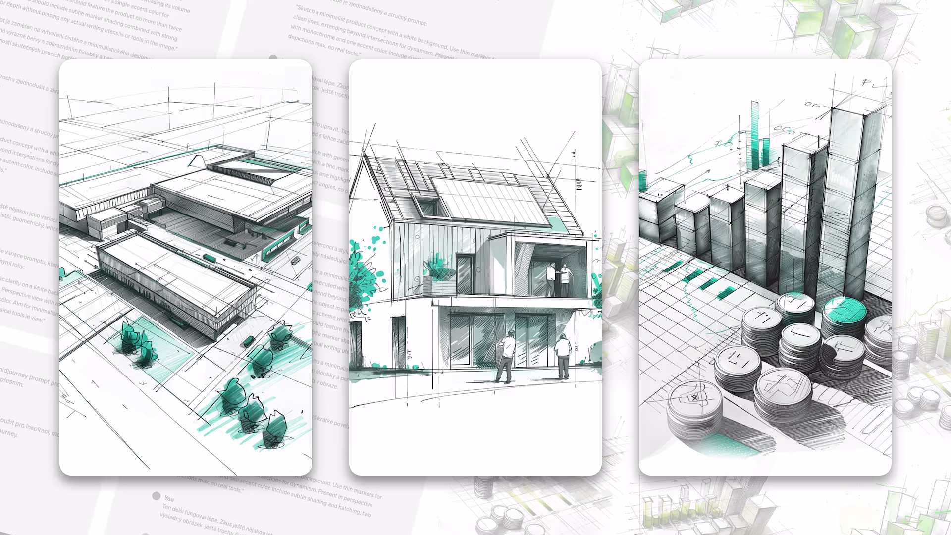 Three architectural sketches showing a modern flat roof building, a two-story house with solar panels, and a bar graph with stacked coins on a grid background.