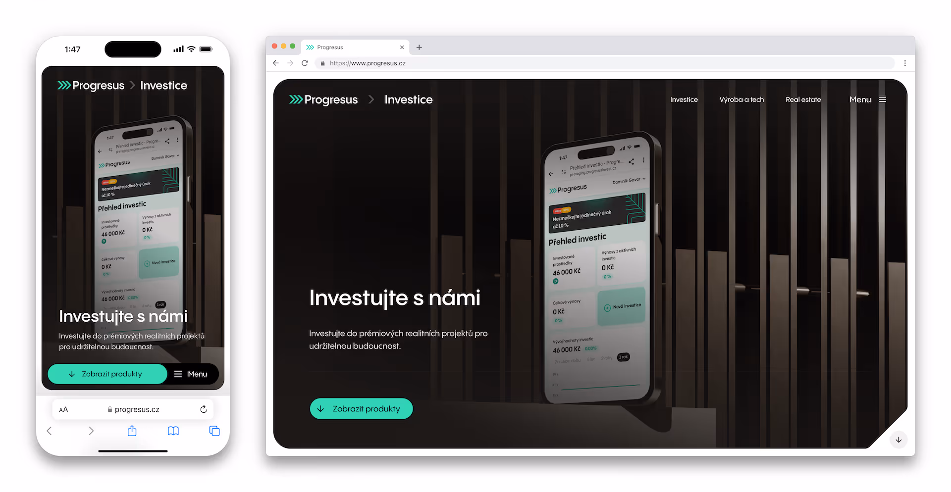 Website and mobile view of Progresus Investice page showing investment overview and call to action button to display products.