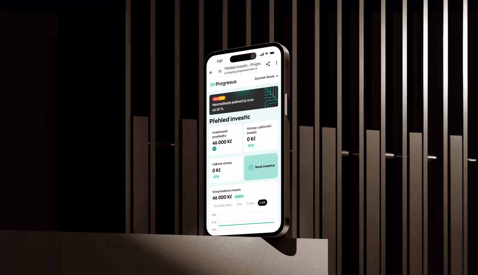 Smartphone displaying Progresus investment overview with account details and a graph, against a dark vertical slatted background.