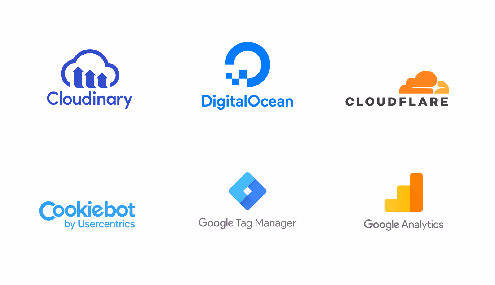 Logos of cloud and analytics services including Cloudinary, DigitalOcean, Cloudflare, Cookiebot by Usercentrics, Google Tag Manager, and Google Analytics on a white background.