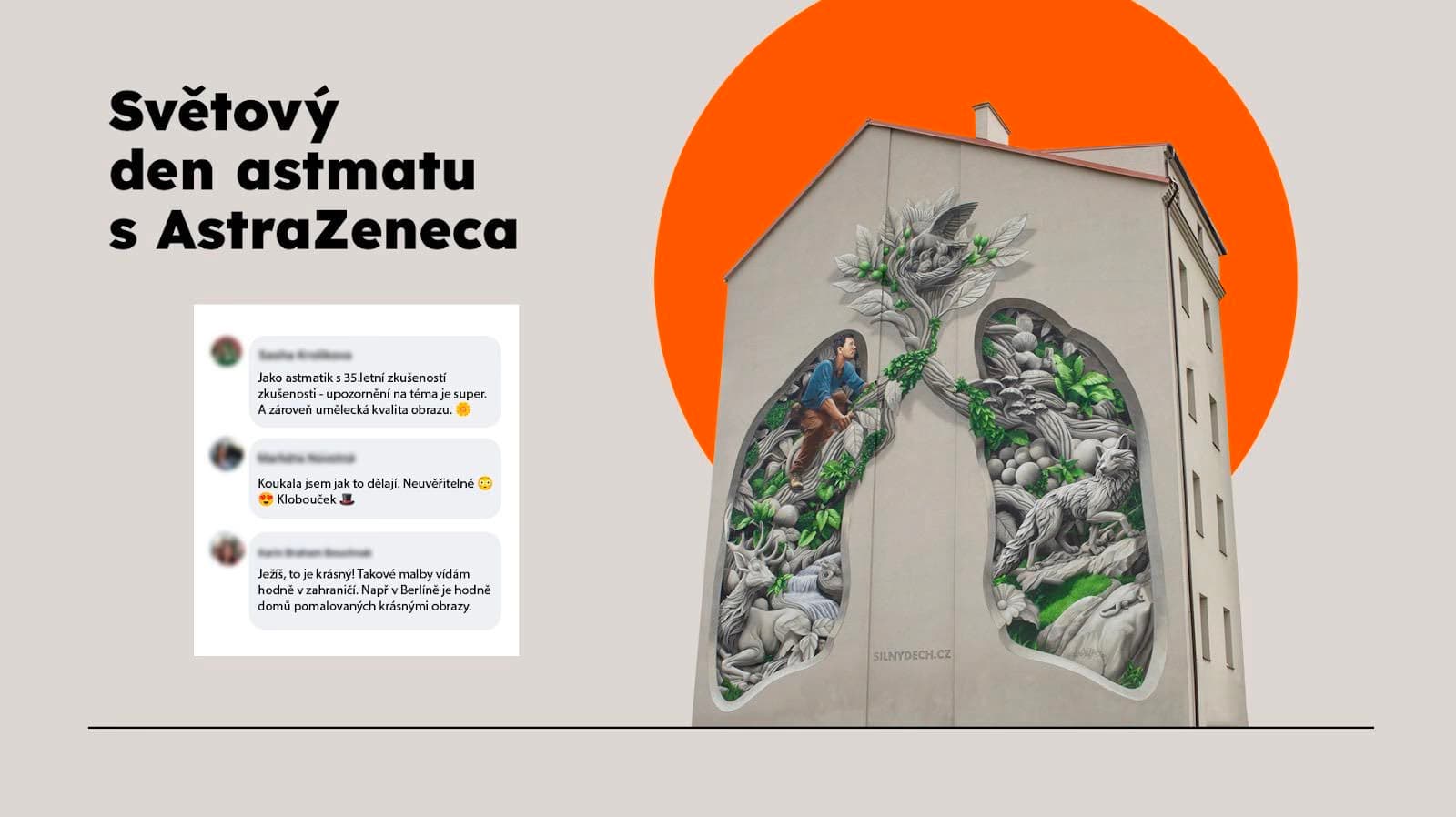 Mural na budově zobrazující plíce plné detailních přírodních prvků jako jsou rostliny, zvířata a člověk šplhající uvnitř, s textem „Světový den astmatu s AstraZenecou“ v češtině.