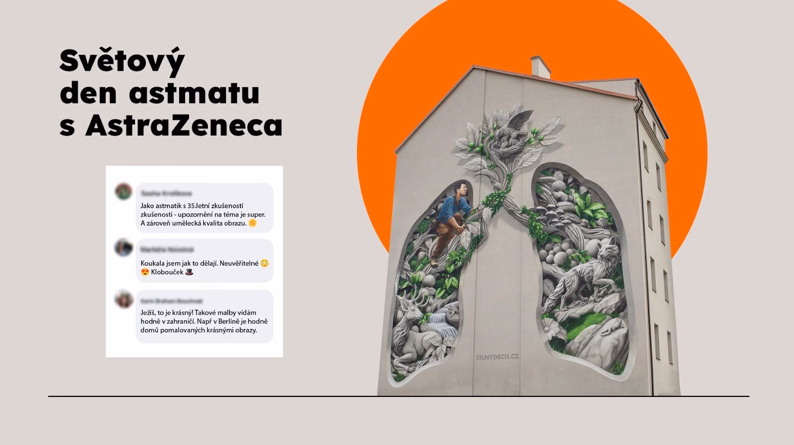 Mural na budově zobrazující plíce plné detailních přírodních prvků jako jsou rostliny, zvířata a člověk šplhající uvnitř, s textem „Světový den astmatu s AstraZenecou“ v češtině.