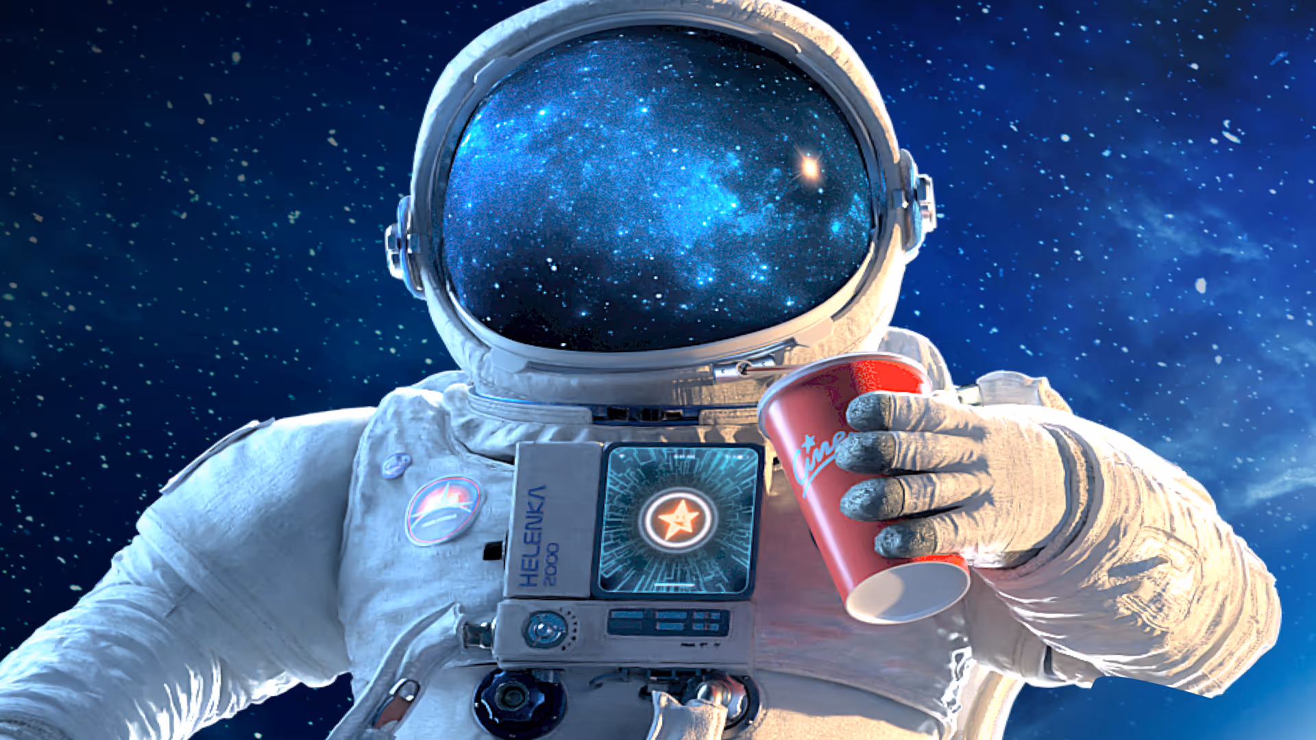 Astronaut in space holding a red cup with a star logo, helmet reflecting stars.