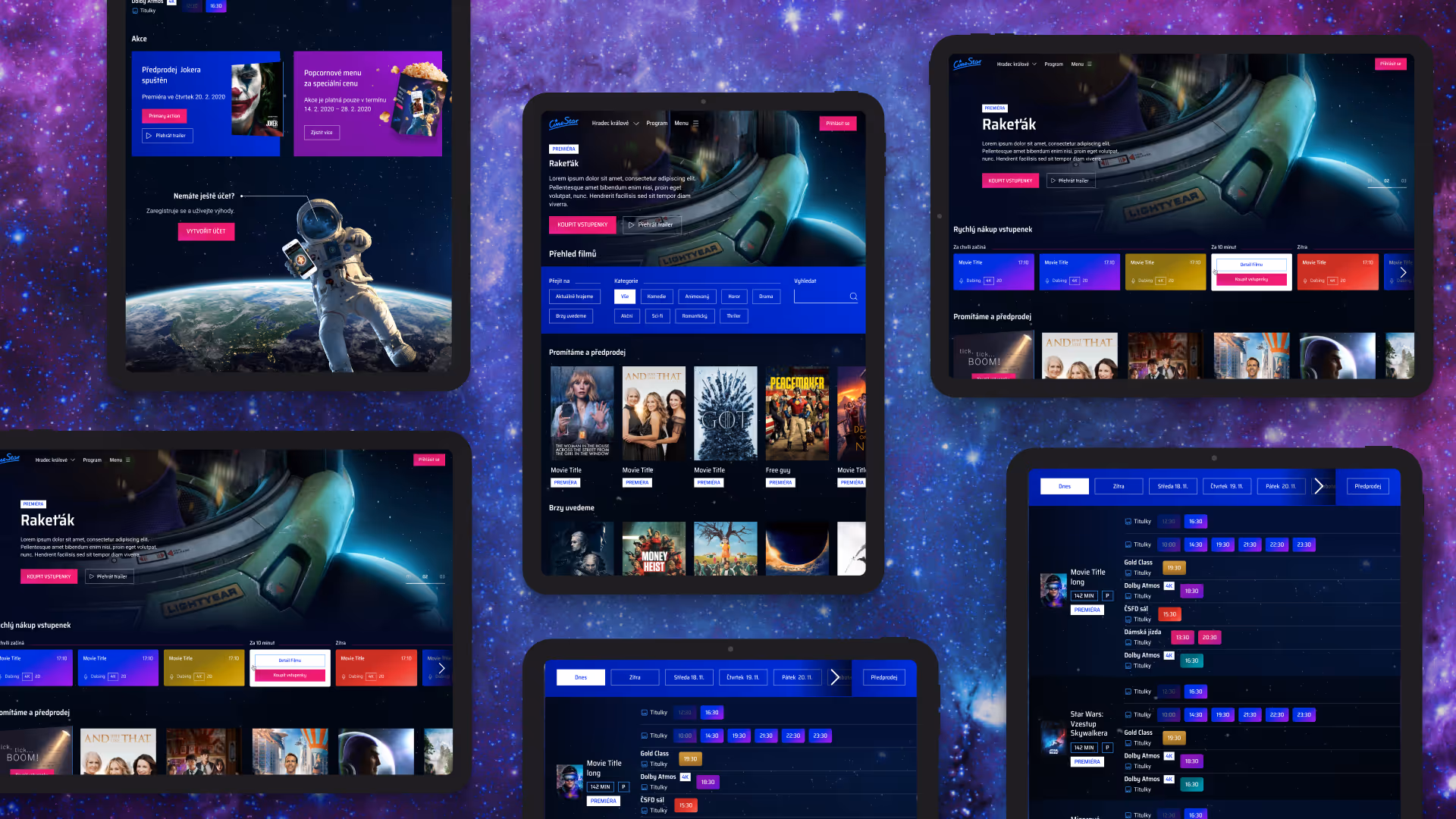 Cinema website interface showing movie listings, showtimes, ticket purchase options, and movie posters on a space-themed background with an astronaut.