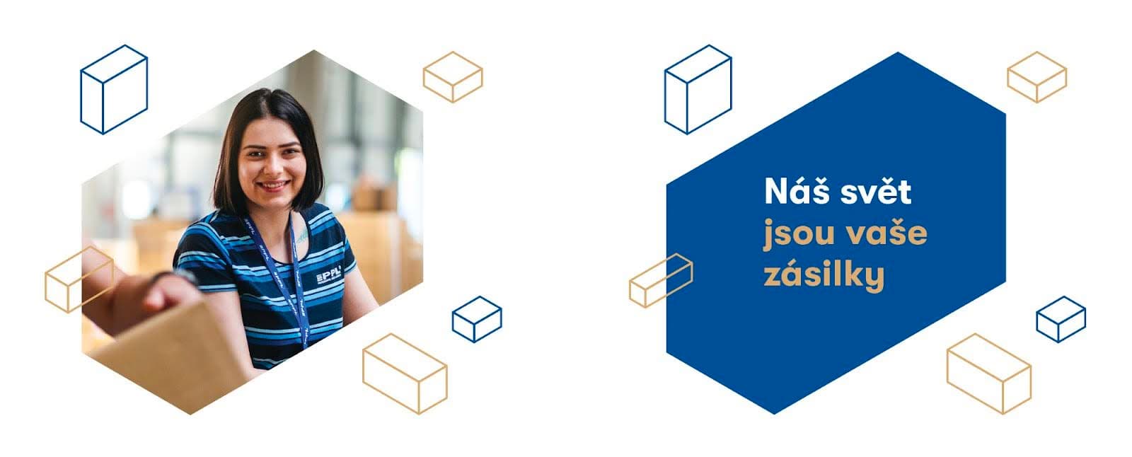 Smiling woman in a striped blue shirt holding a cardboard box inside a warehouse with text in Czech saying 'Náš svět jsou vaše zásilky' in a blue hexagon surrounded by box illustrations.