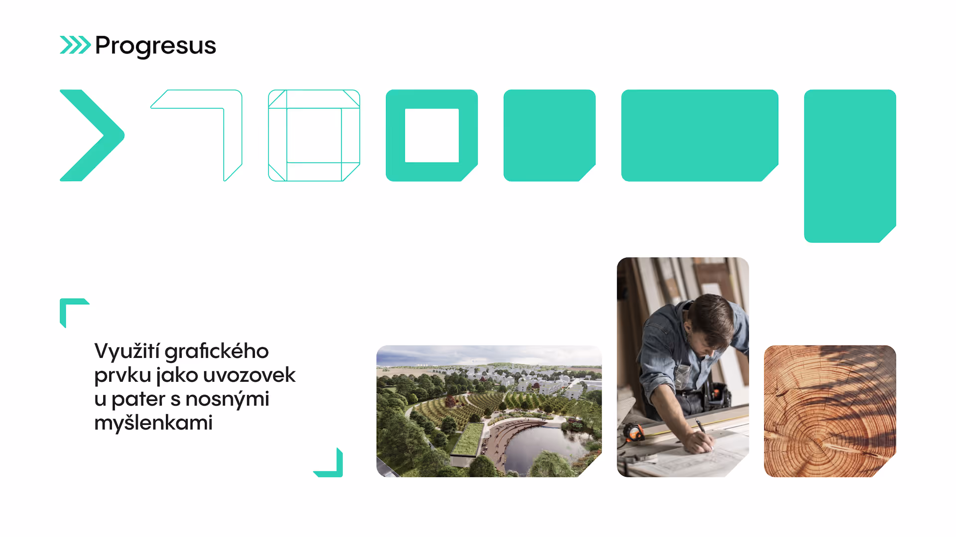 Infographic showing a progression of green shapes above three images: an aerial view of a park, a man working on carpentry, and a close-up of tree rings on a wood log.